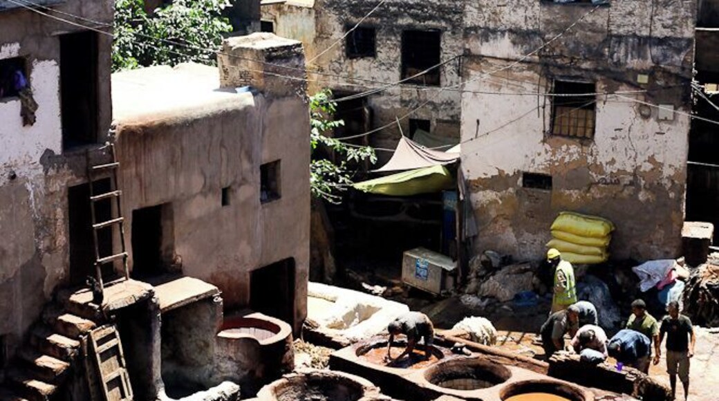 An iconic sight for sure, the tanneries of Fes was absolutely interesting to take in. As well as the smell, which wasn't as bad as I anticipated - and they gave us a bundle of mint to smell if it got too bad. :)
Here you can see all the different colors of leather dyed...and dried...and here you will find the biggest selections and best prices for leather products at the surrounding leather shops that have a veranda to see the men at work below.
Yes, yes I did acquire a bag while I was there - and it has Berber carpet on it too - double score! :)