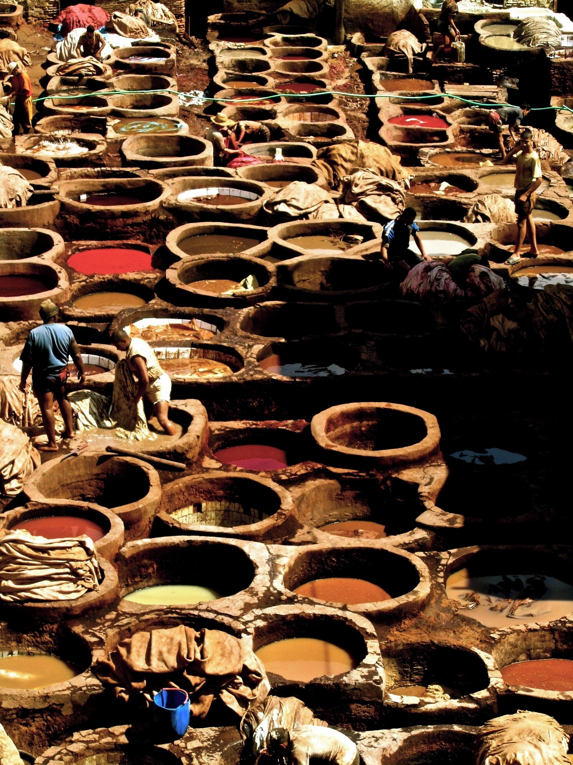 Leather tanning has been an important industry in Fes for centuries. The smell makes the area of the city hard to miss. 
While you're shopping for gorgeous handmade gifts to take home, ask the store owner to show you to the roof so you can see the process firsthand.
#culture