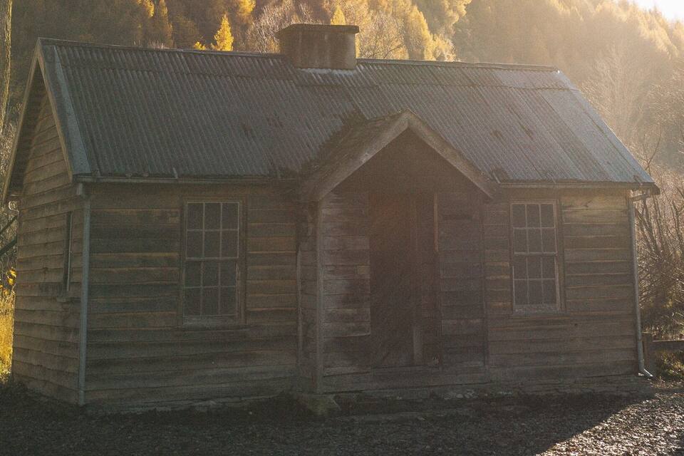 A wooden cabin with a metal roof, surrounded by trees and a forested hill in the background.