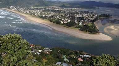 Nearing the top of Mount Paku Summit, the view opened up to this lovely view of the distant mountain and across the shallow harbour.