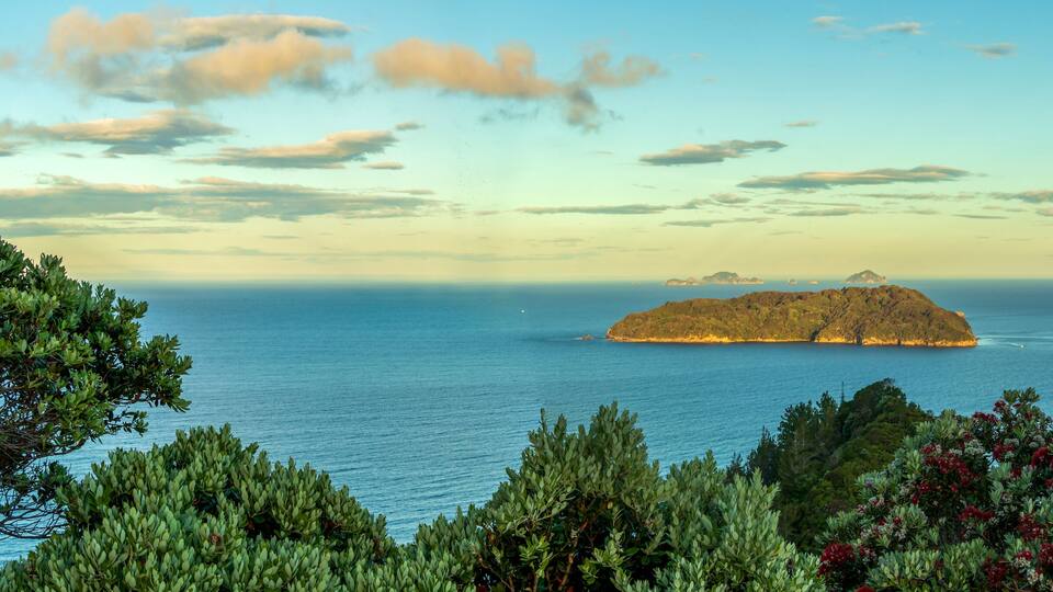 A coastal landscape with a small island surrounded by the sea, dense green foliage in the foreground, and a clear sky with scattered clouds.