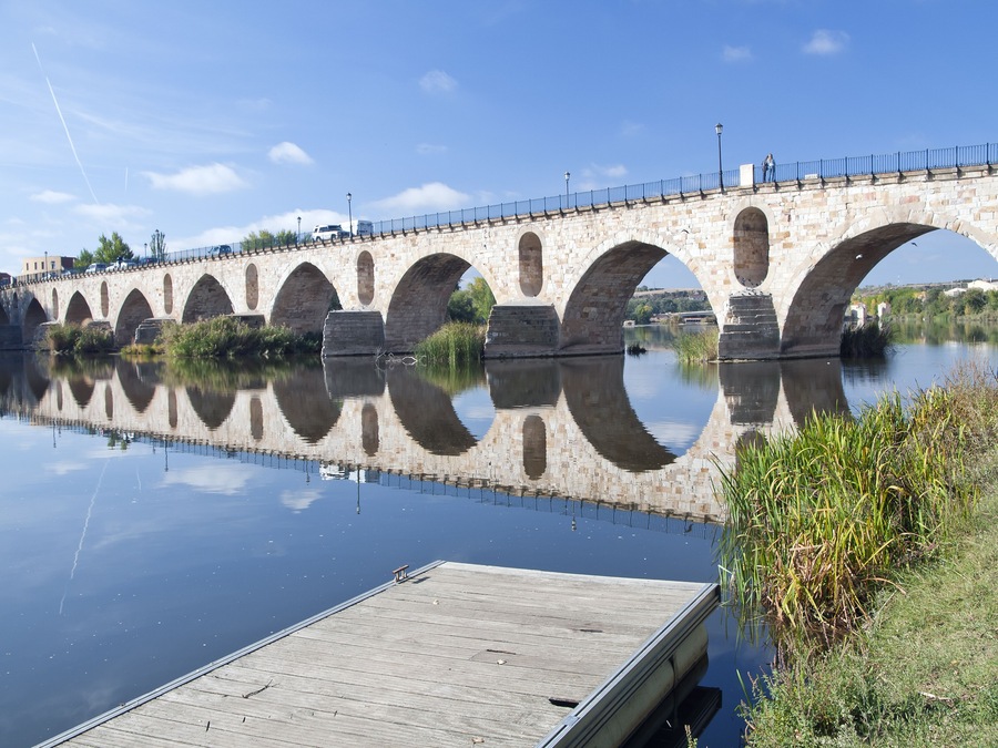 Illuminated bridge over the Douro River as it passes through Zamora, Spain