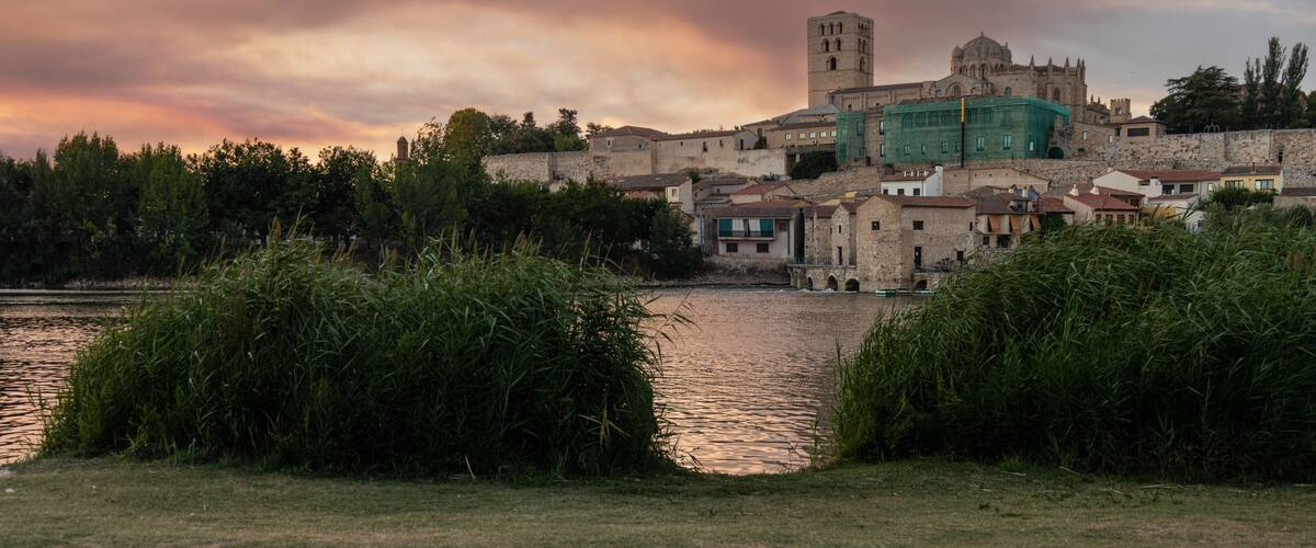 A historic town with a prominent tower and cathedral, surrounded by lush greenery and a river.
