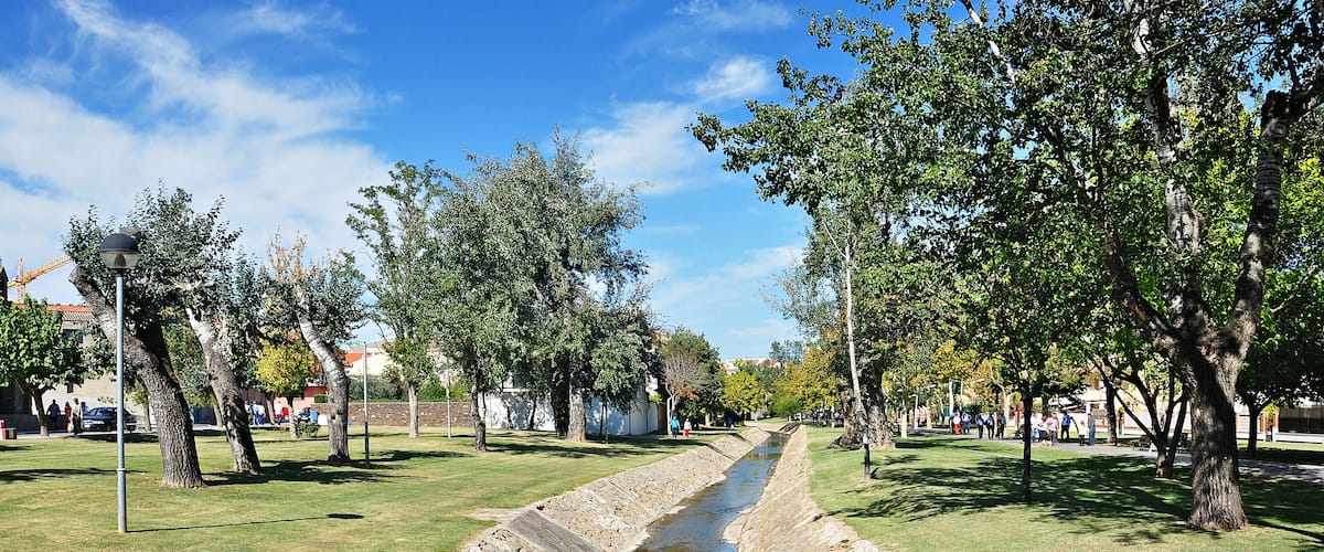 A narrow water channel flanked by trees and grassy areas, with people in the background.