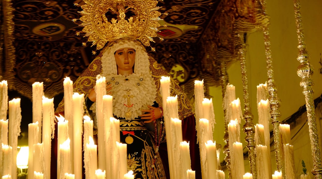 Holy Mary of Sorrows carried by the members of the Hermandad de Nuestro Padre Jesús de las Tres Caídas y María Santísima de la Amargura, during a Holy Week night procession through the streets of Arcos de la Frontera (Andalusia, Spain).