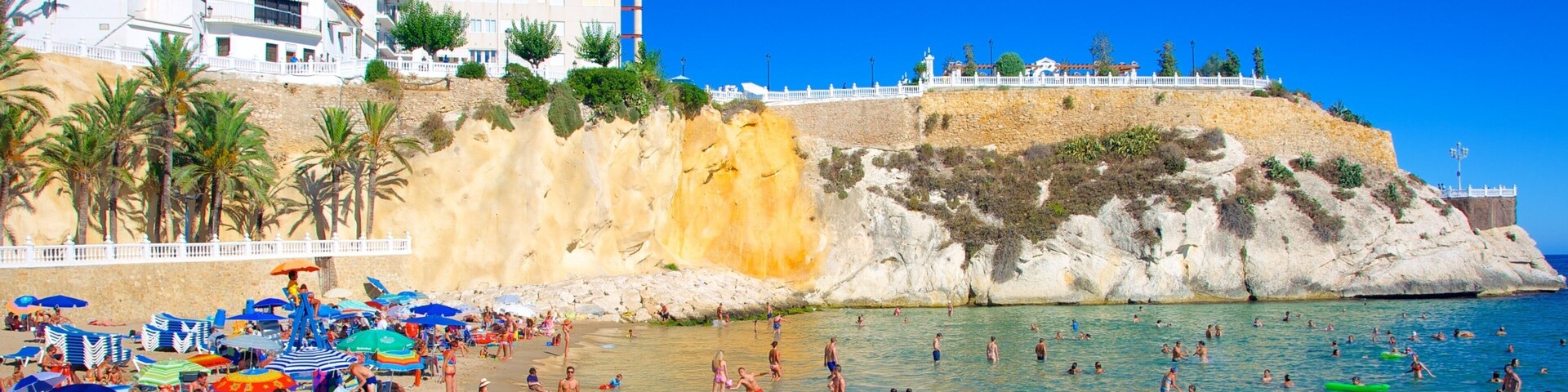 Una playa concurrida, gente nadando y tomando el sol, palmeras y edificios al fondo.