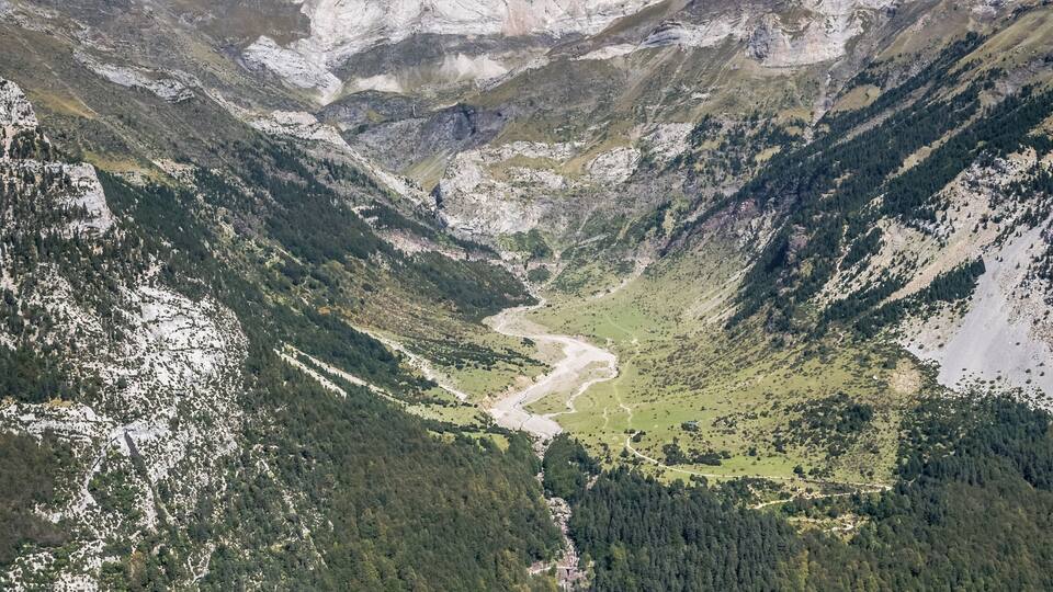 A valley with a river, dense forests, and snow-capped mountains.