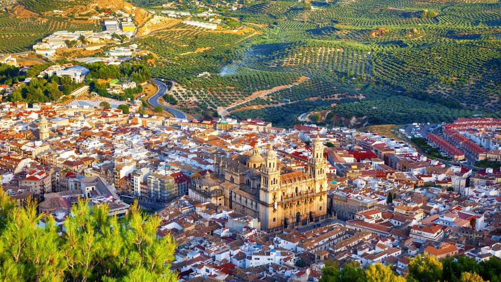 Bird view of Jaen city surrounded by olive groves. Assumption of the Virgin Cathedral is highlighted by the last rays of sunset. Andalusia, Spain.