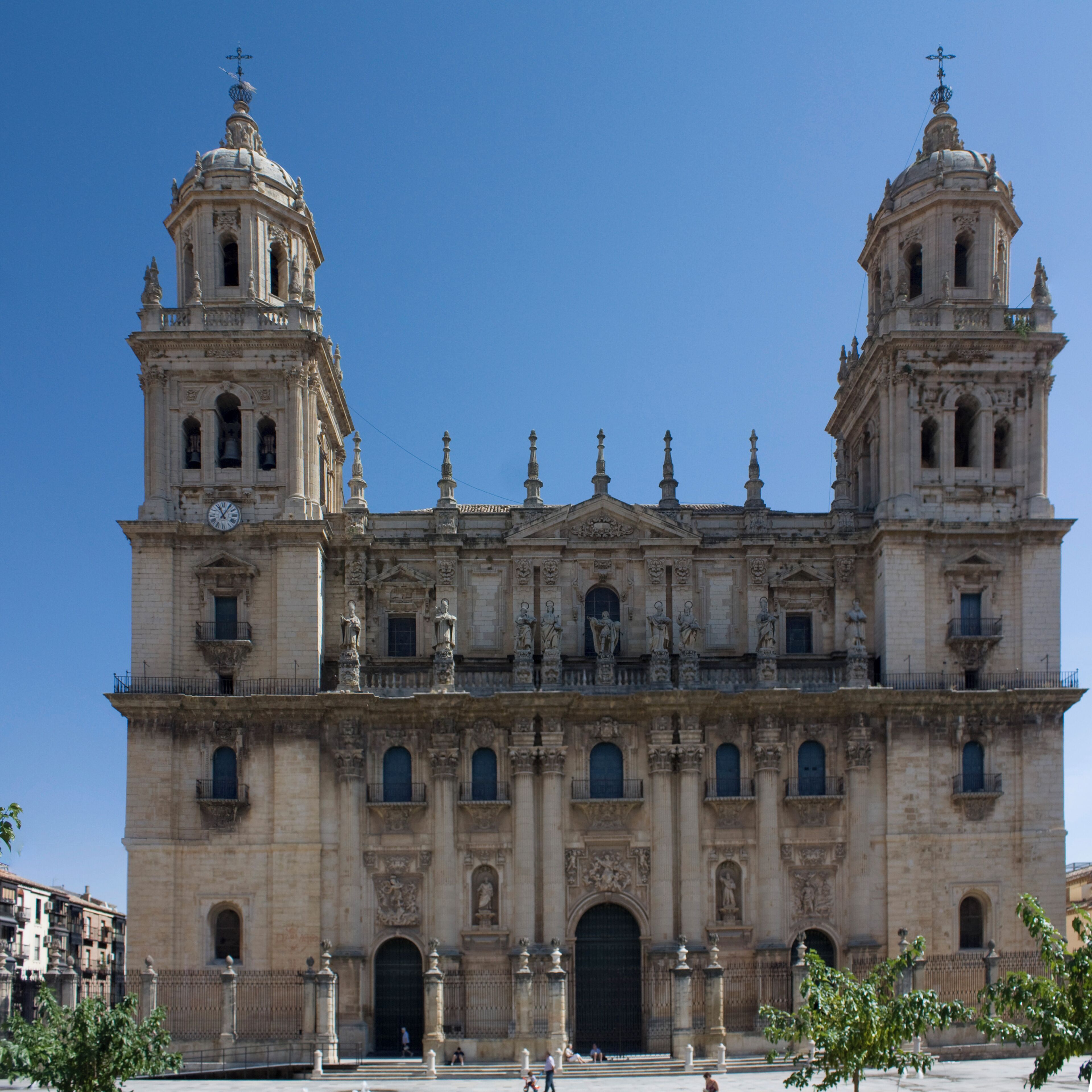 A large, ornate cathedral with two bell towers and a central facade.