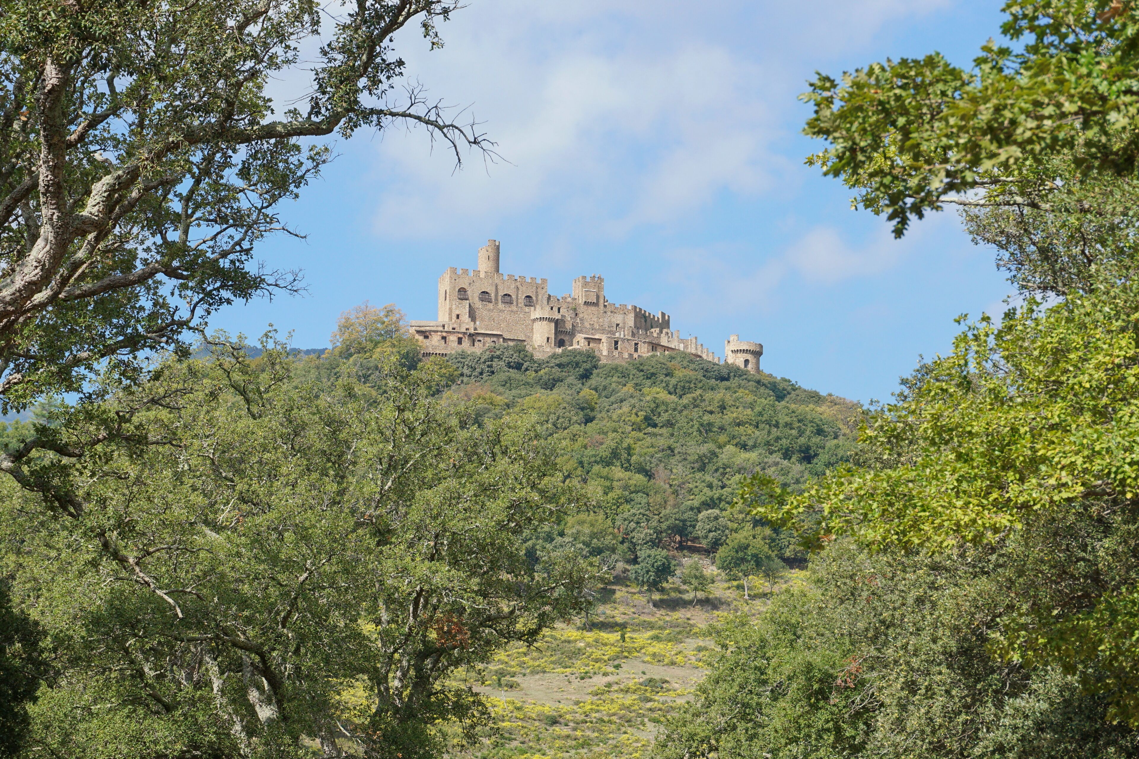 The castle of Requesens at the top of the hill, la Jonquera, Alt Emporda, Girona, Catalonia, Spain