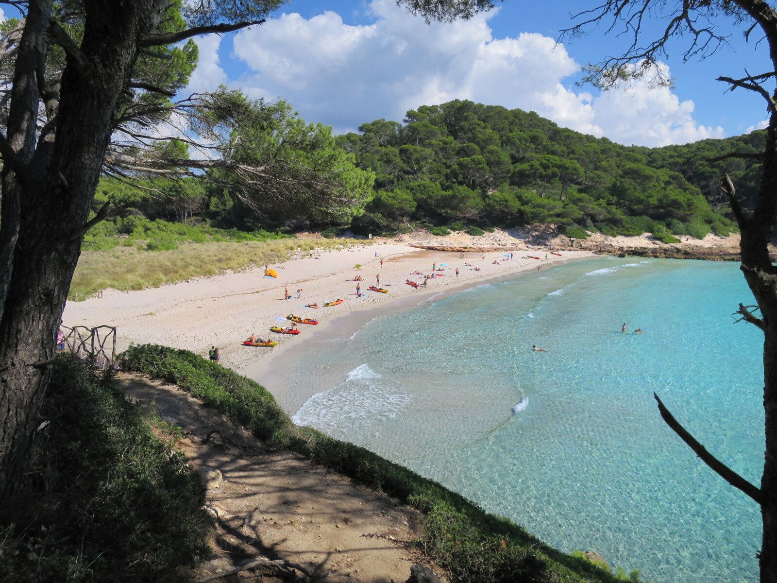 A beach with clear turquoise water, a sandy shore, and a forested hillside in the background.