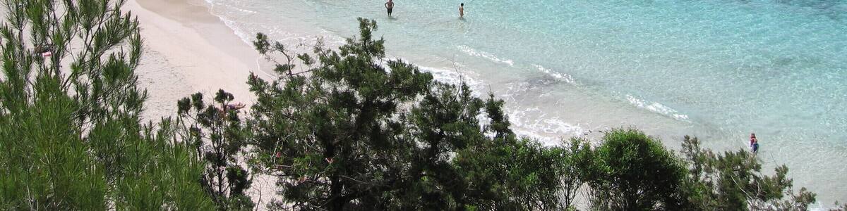 Eine Küstenlandschaft mit klarem türkisblauem Wasser, einem Sandstrand und felsigen Klippen mit spärlicher Vegetation.