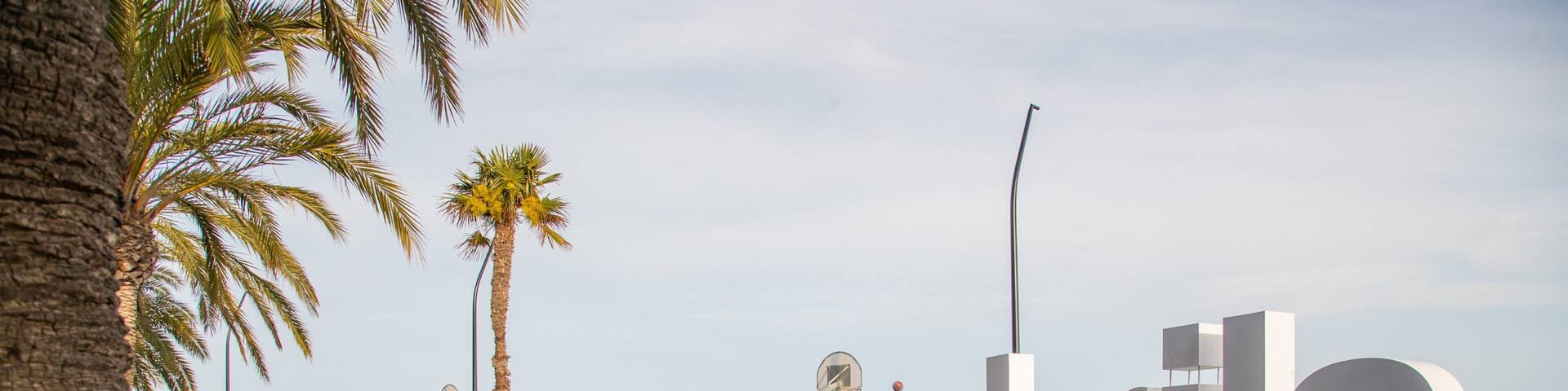 A coastal promenade with palm trees, a large 'Cambrils' sign, and a view of the sea.