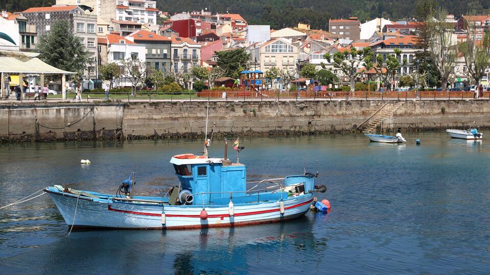 A blue fishing boat docked in a calm harbor with buildings and trees in the background.