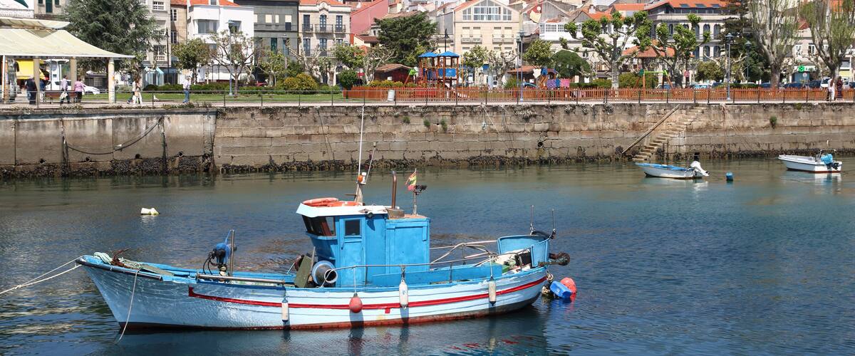 A blue fishing boat docked in a calm harbor with buildings and trees in the background.