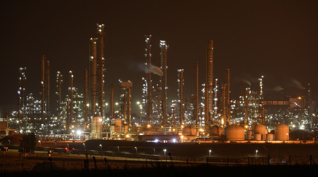 Sasol petrochemical refinery in Secunda, South Africa, at night while the flares burn brightly