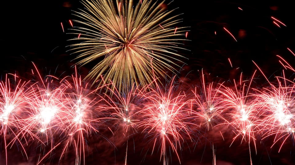 Fireworks against a dark sky.