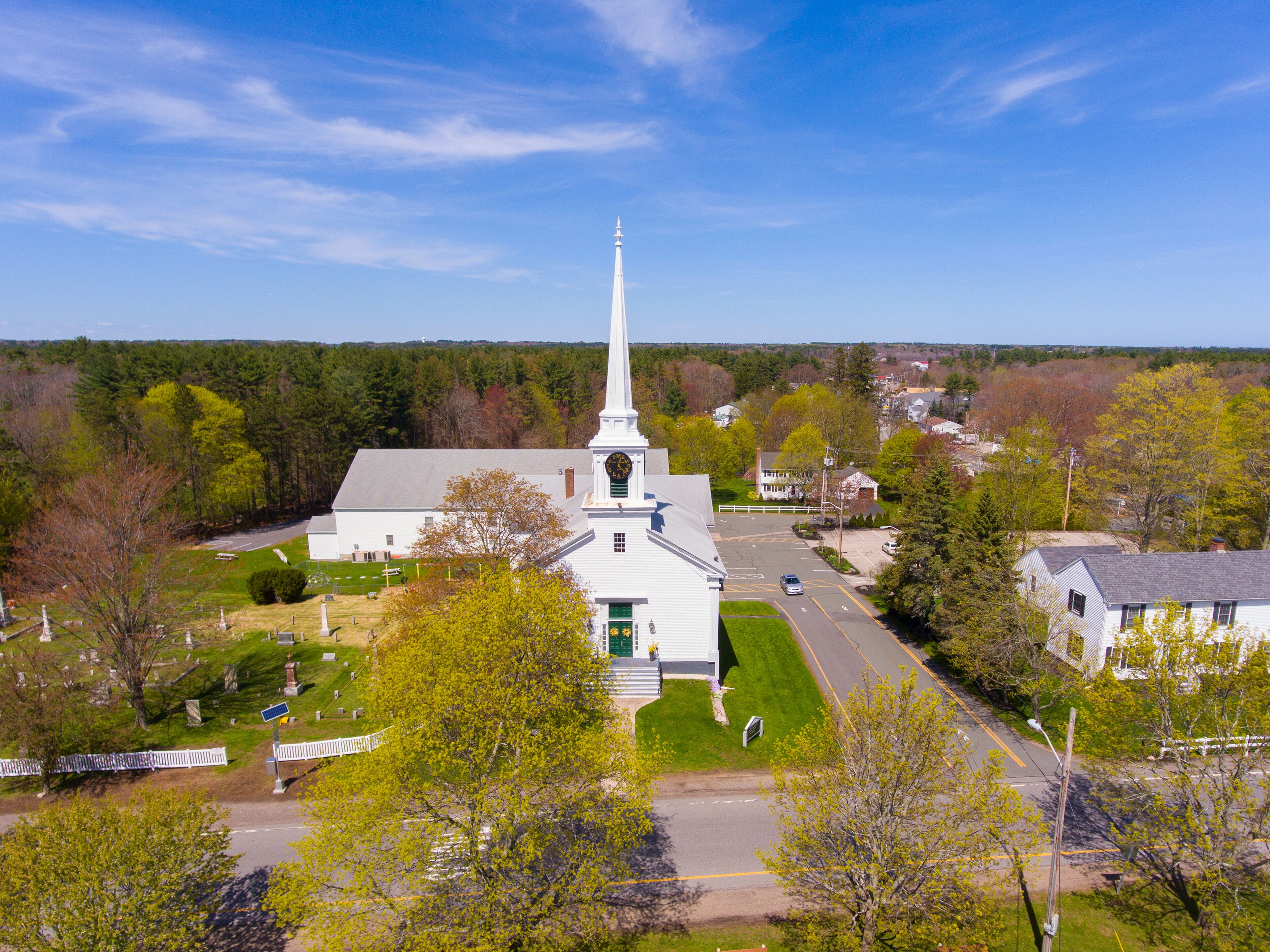 First Baptist Church of Hampton Falls aerial view at Town Common in historic town center of Hampton Falls, New Hampshire NH, USA. 