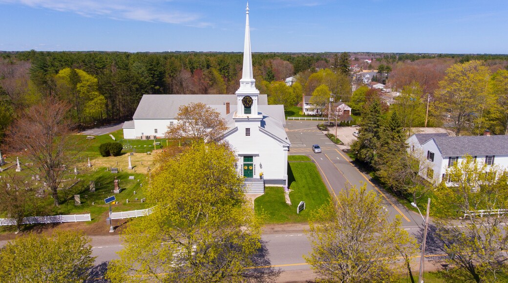 First Baptist Church of Hampton Falls aerial view at Town Common in historic town center of Hampton Falls, New Hampshire NH, USA.