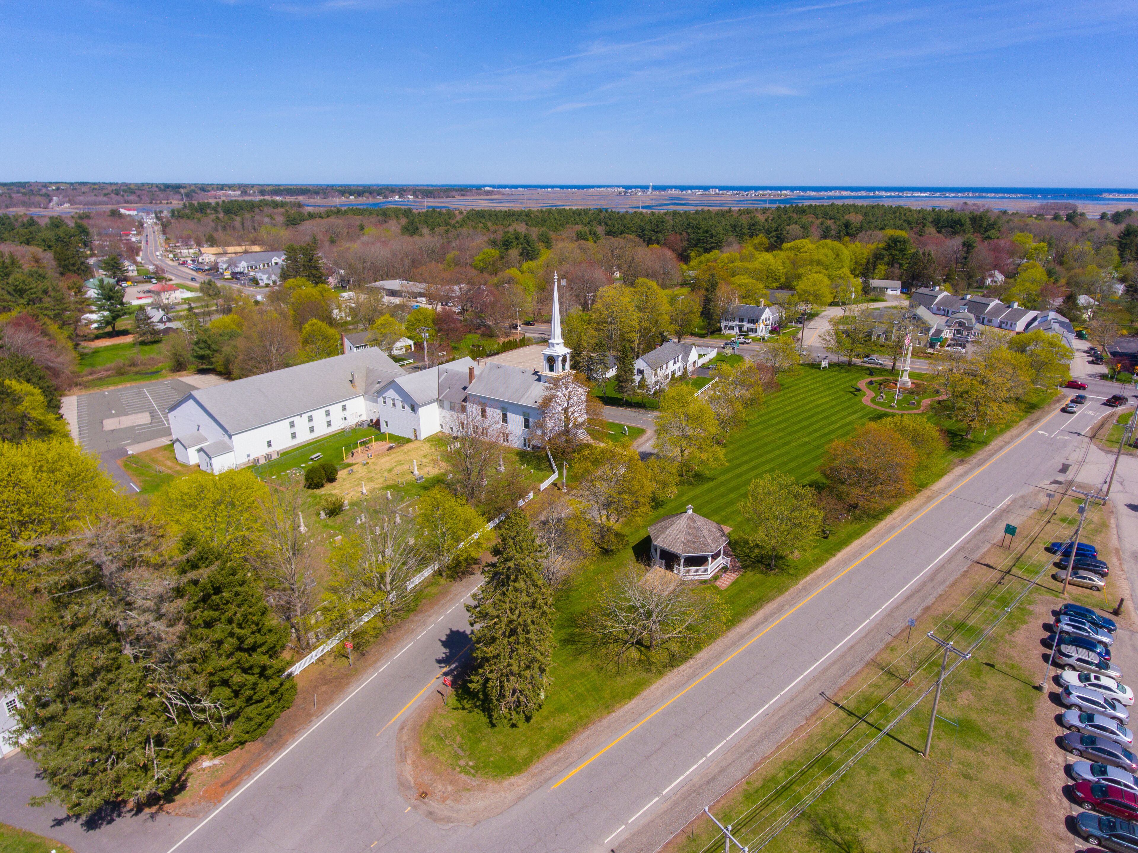 Hampton Falls town center aerial view including First Baptist Church at Town Common, Hampton Falls, New Hampshire NH, USA. 