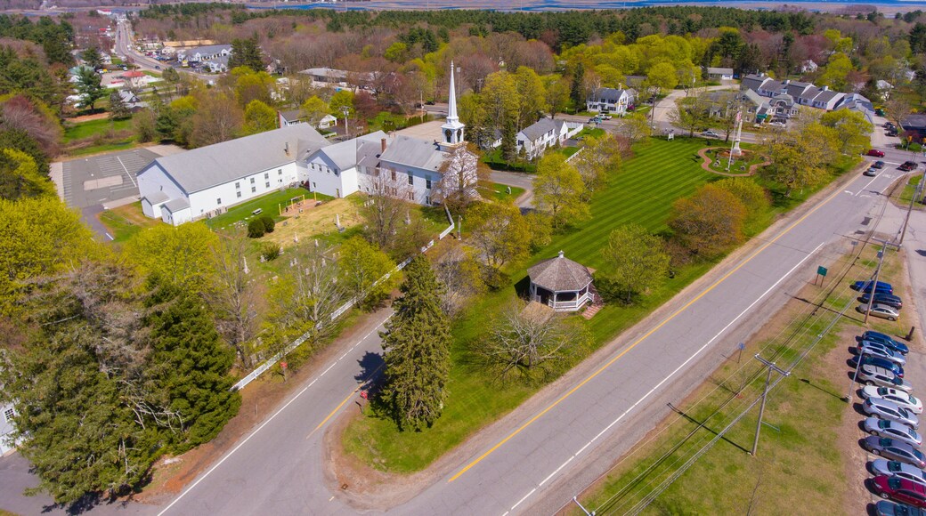 Hampton Falls town center aerial view including First Baptist Church at Town Common, Hampton Falls, New Hampshire NH, USA.