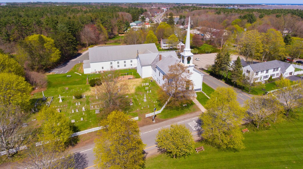 First Baptist Church of Hampton Falls aerial view at Town Common in historic town center of Hampton Falls, New Hampshire NH, USA.