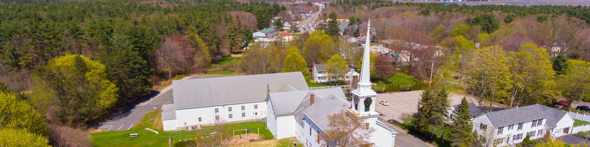 First Baptist Church of Hampton Falls aerial view at Town Common in historic town center of Hampton Falls, New Hampshire NH, USA.