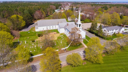 First Baptist Church of Hampton Falls aerial view at Town Common in historic town center of Hampton Falls, New Hampshire NH, USA.