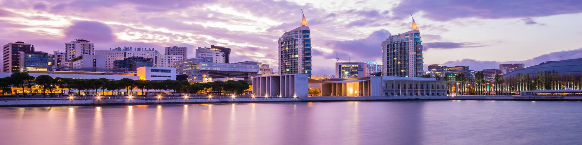 Park of Nations, the new district in Lisbon, Portugal. Sao Rafael and Sao Gabriel towers and the Pavilion of Portugal