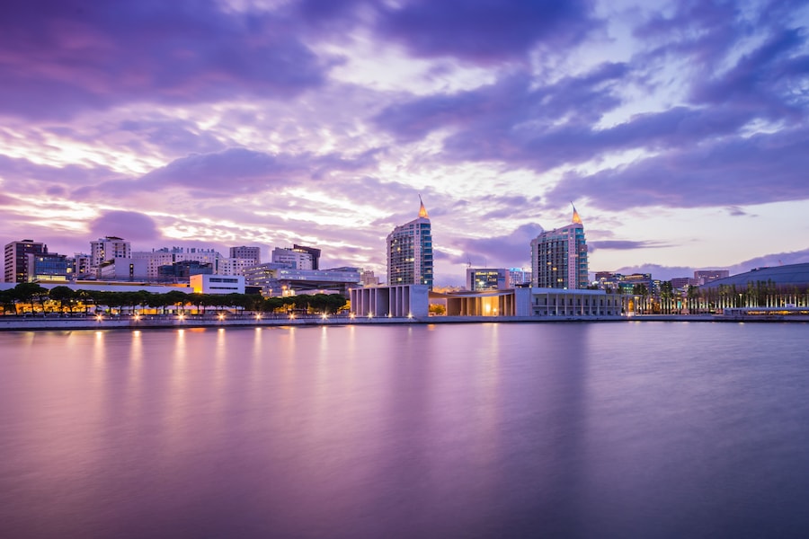 Park of Nations, the new district in Lisbon, Portugal. Sao Rafael and Sao Gabriel towers and the Pavilion of Portugal