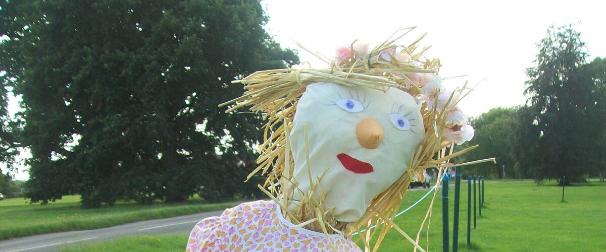 A scarecrow in a field with a road and trees in the background.