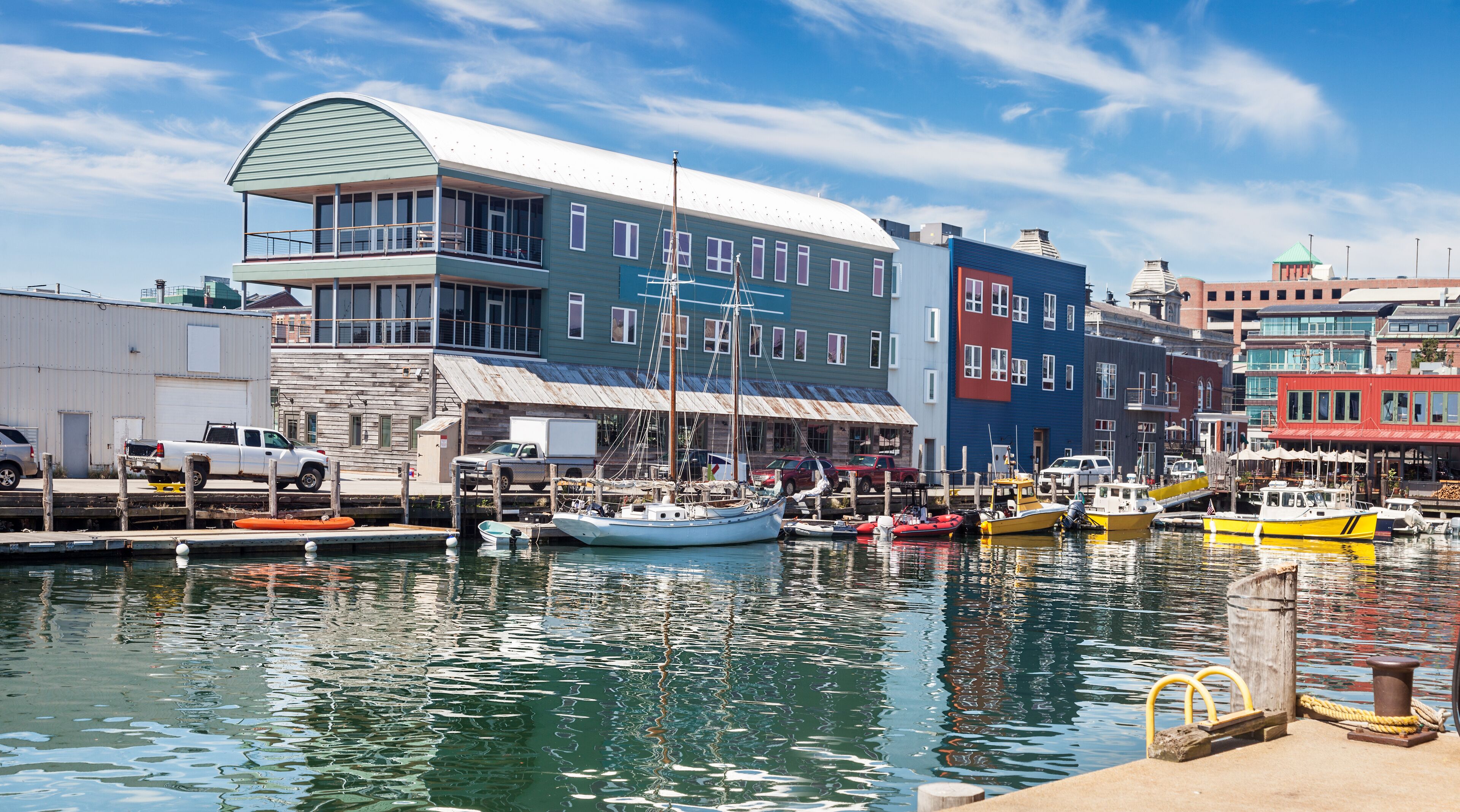 Water taxis and boats on the busy Maine Wharf, Portland, Maine