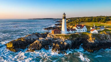 Um farol e casas numa costa rochosa, com o oceano ao fundo.
