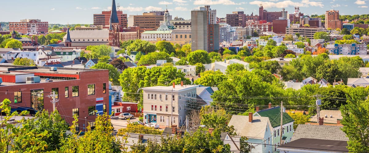 A cityscape with a prominent church steeple, various buildings, and lush green trees.