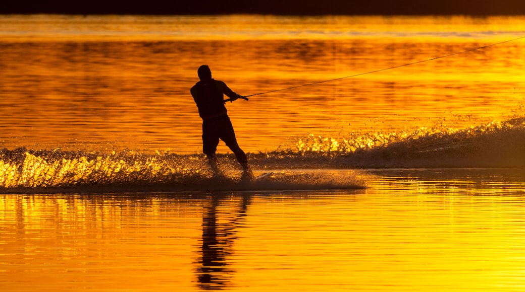 Silhouette of water skier at sunset on a Wisconsin Lake.