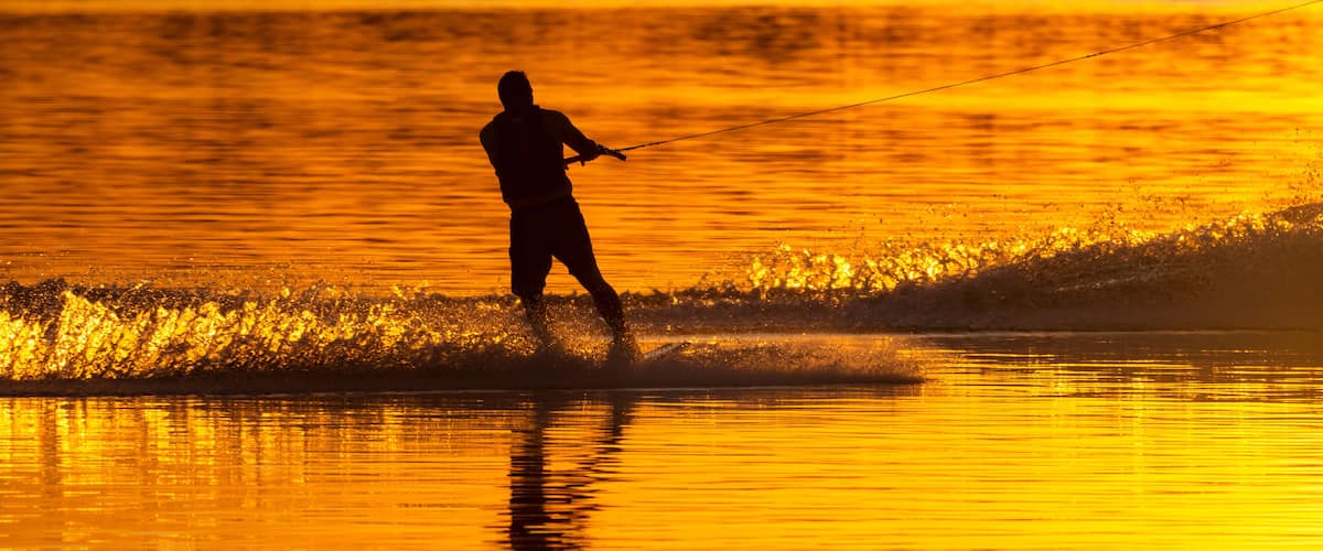 Silhouette of water skier at sunset on a Wisconsin Lake.