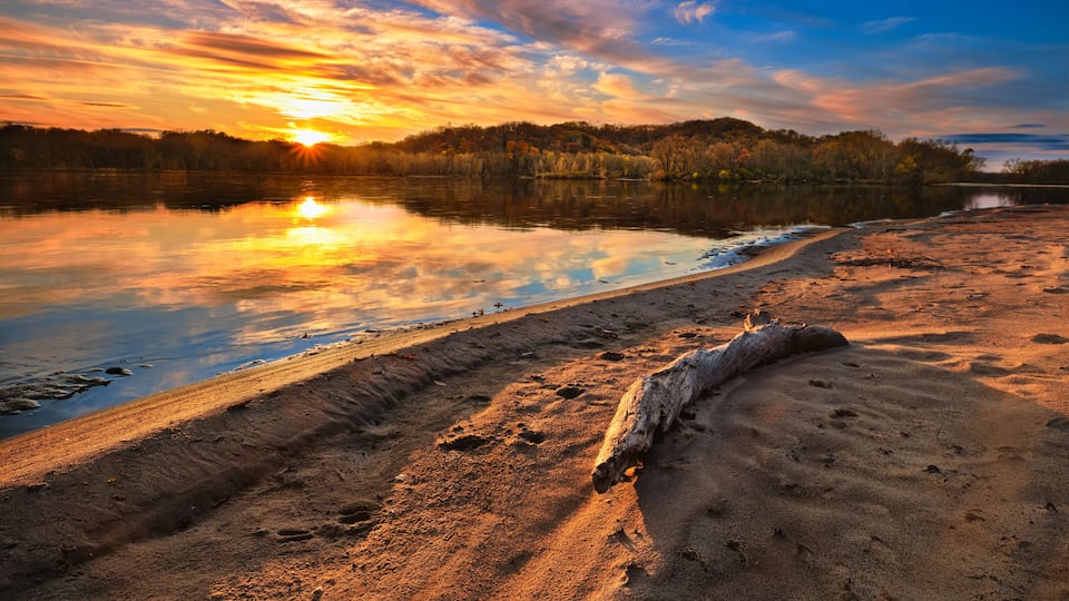 A sunset over a calm lake with a sandy shore and a fallen tree.