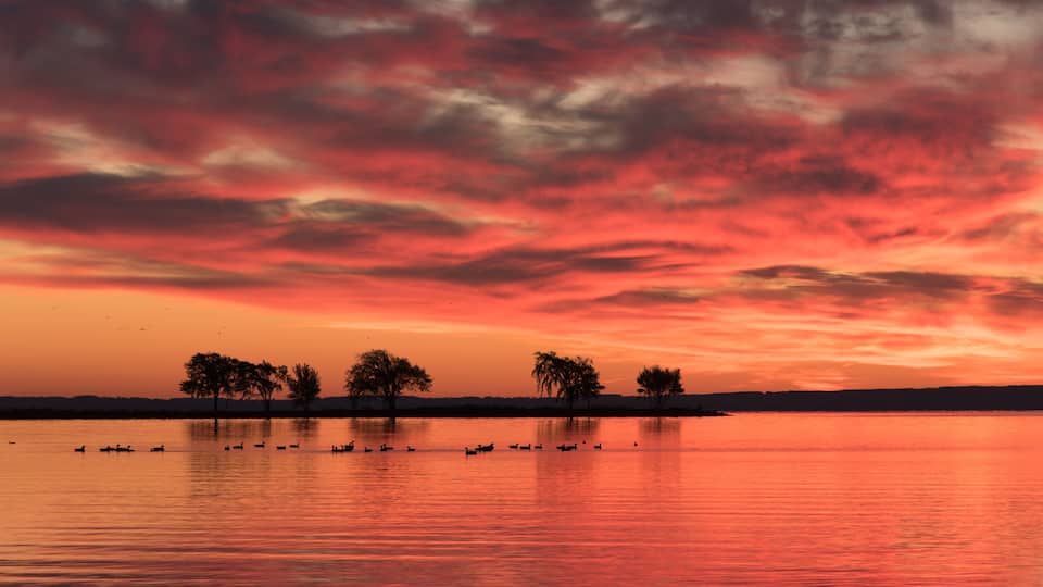 A sunset over a calm lake with silhouettes of trees and boats.
