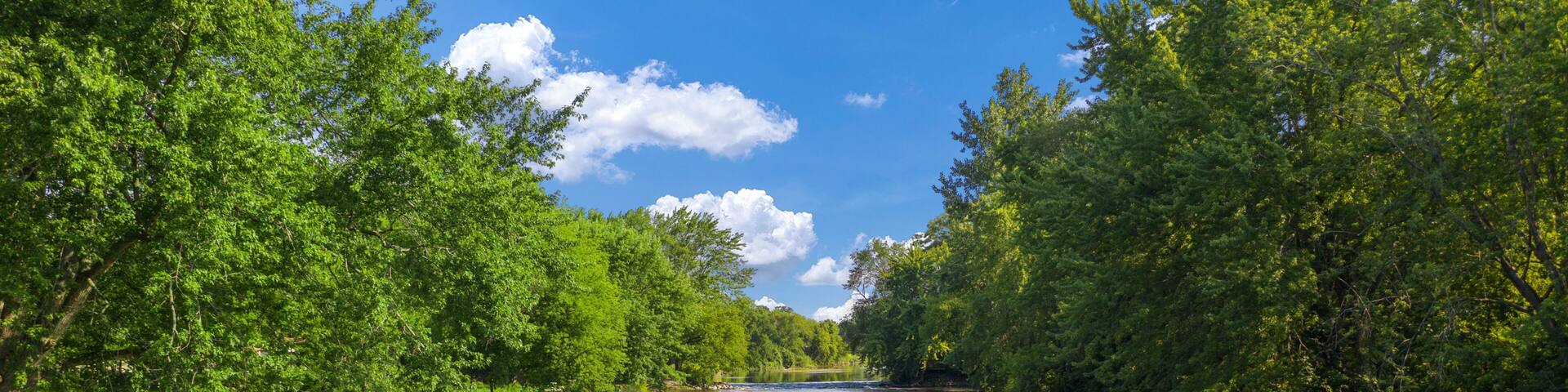 Beautiful clear river gentle blue skies and delightfully green trees. The Milwaukee River runs through Saukville WI