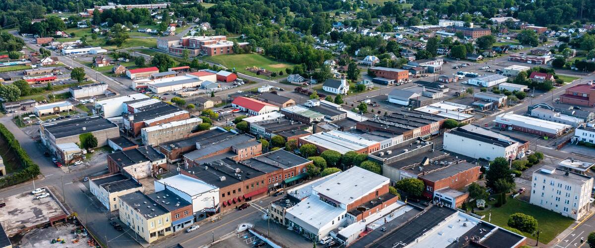 Aerial View of Downtown Galax Virginia Looking over Historic Buildings in the Downtown Area