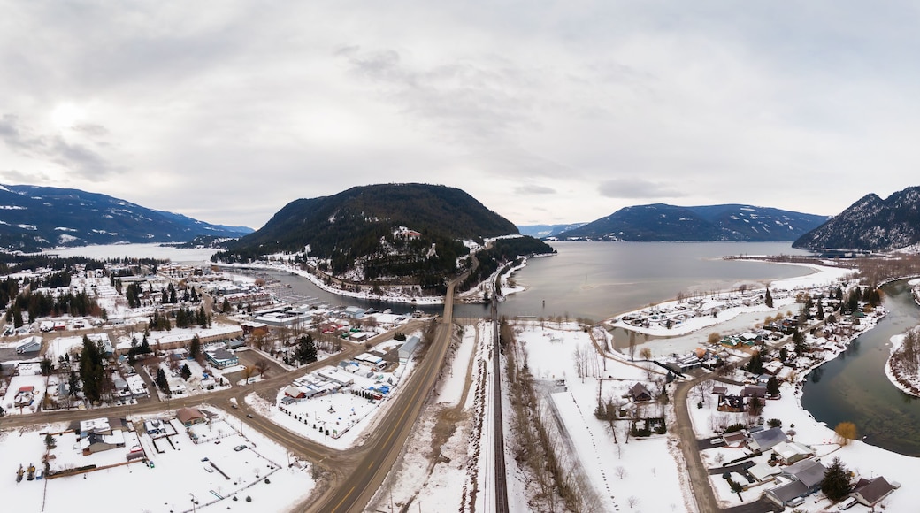 Aerial Panoramic View of a small Town, Sicamous, in the Interior of British Columbia, Canada. Taken during winter time.
