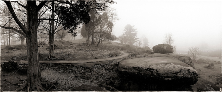 A foggy forest with a winding path, large rocks, and trees.