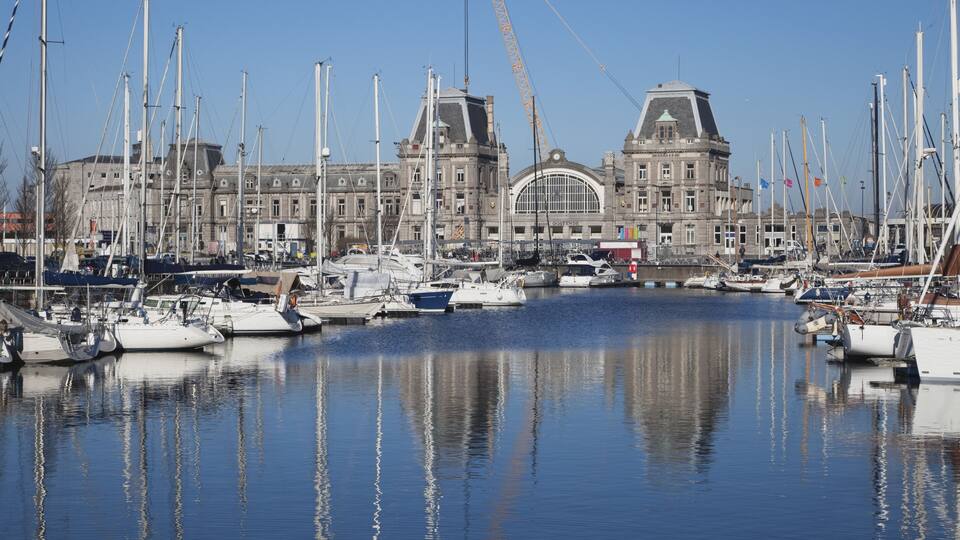 A marina with multiple boats docked in front of a large historic building.