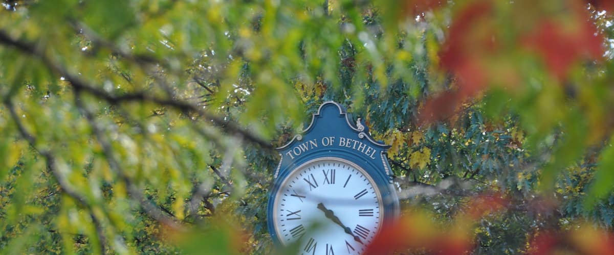 A clock with the inscription "Town of Bethel" and the year "1796" mounted on a tree.