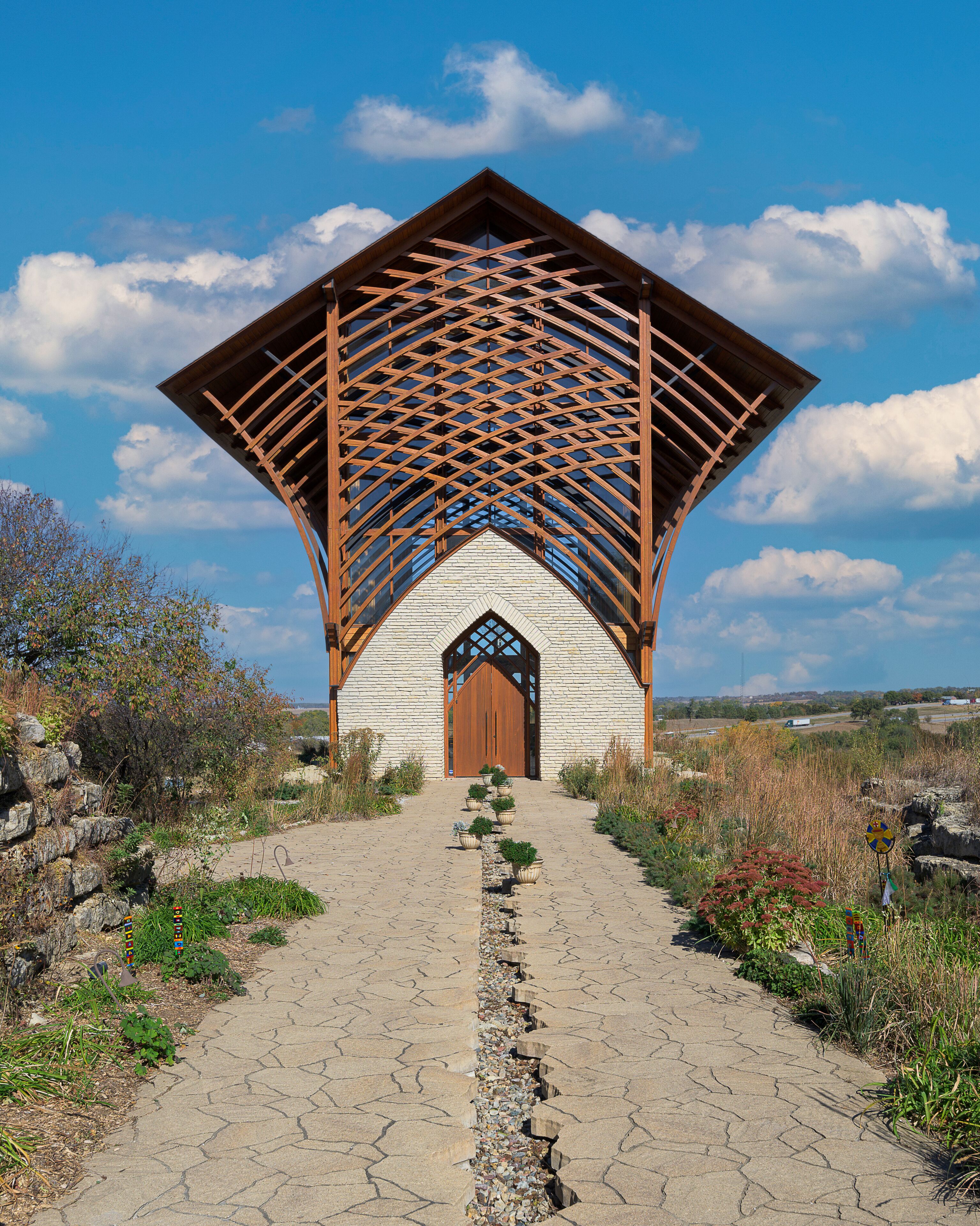 Exterior of the contemporary Holy Family Shrine in Gretna, Nebraska