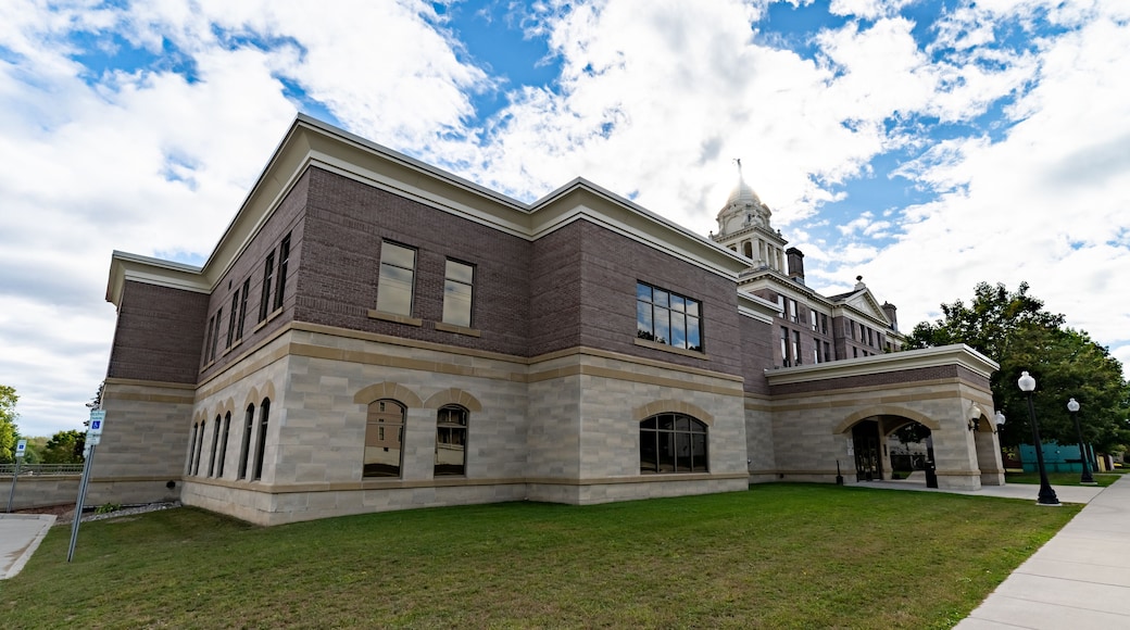 Wide Angle of Ionia County, MI Courthouse with Blue Sky and Green Grass