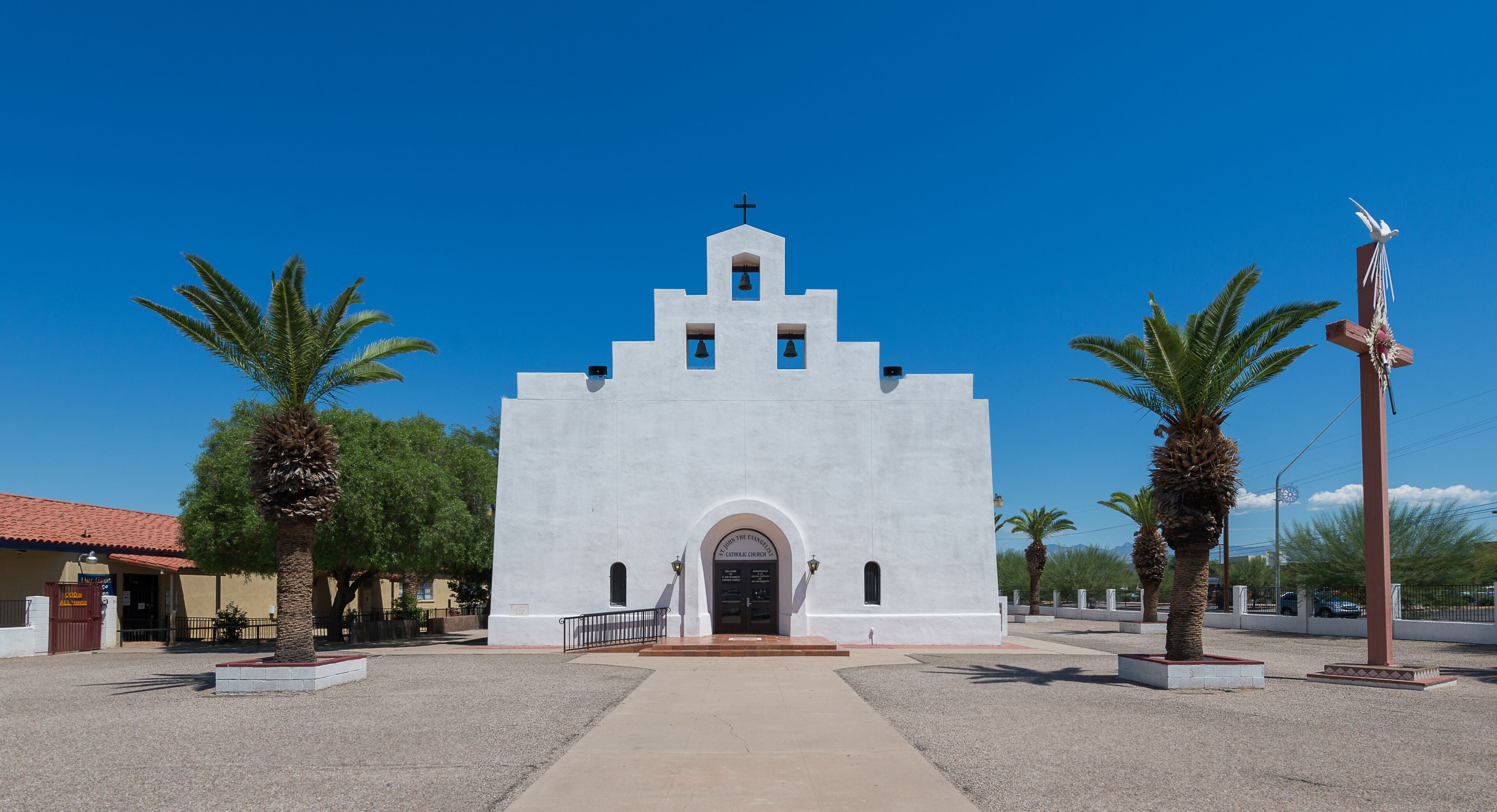 Exterior of the St John the Evangelist Catholic Church on Ajo Way in Tucson, Arizona