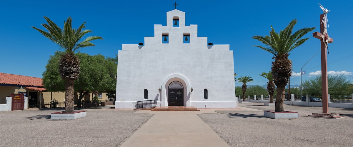 Exterior of the St John the Evangelist Catholic Church on Ajo Way in Tucson, Arizona