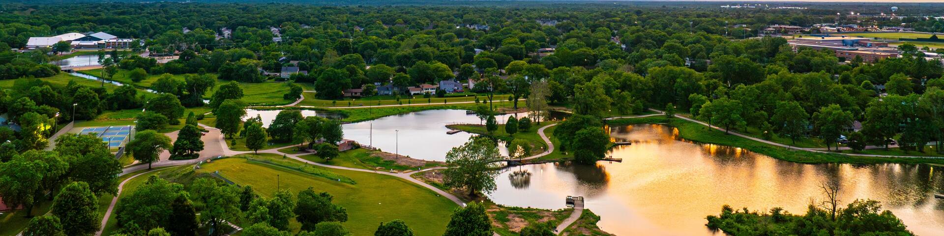 Aerial Drone Sunset View Northside Park Wheaton Illinois Suburban Pond Green Trees DuPage County USA