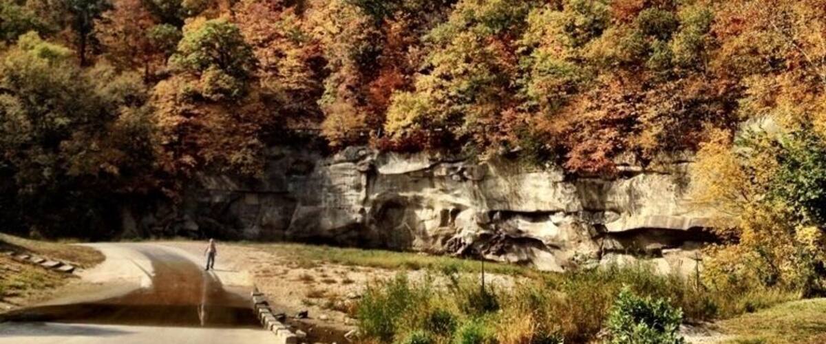 Hiking at Ledges in Autumn. Miles of hiking trails through thick forests and jagged rocky ledges.